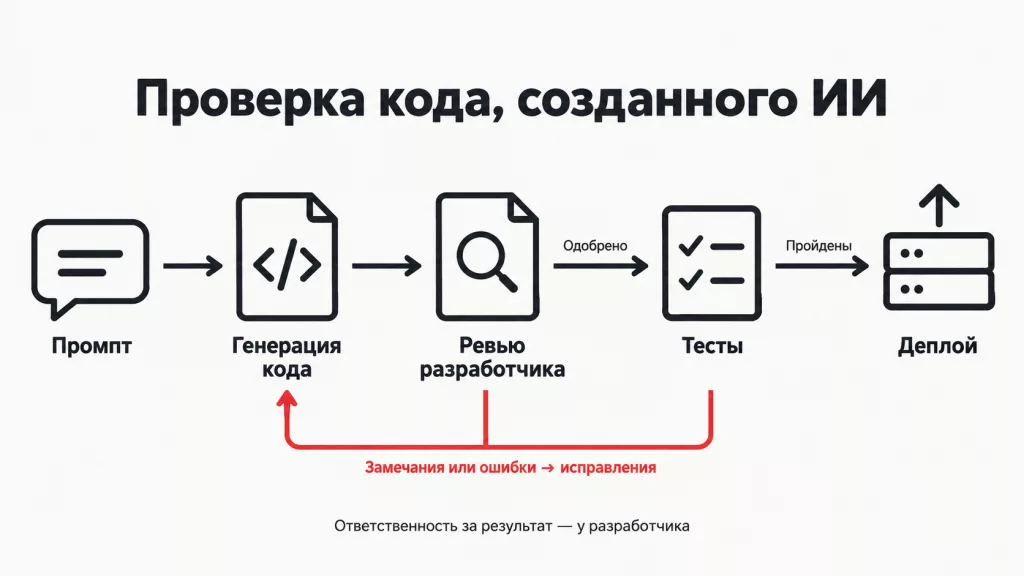 схема, иллюстрирующая процесс проверки сгенерированного кода: от промпта до ревью, тестов и деплоя