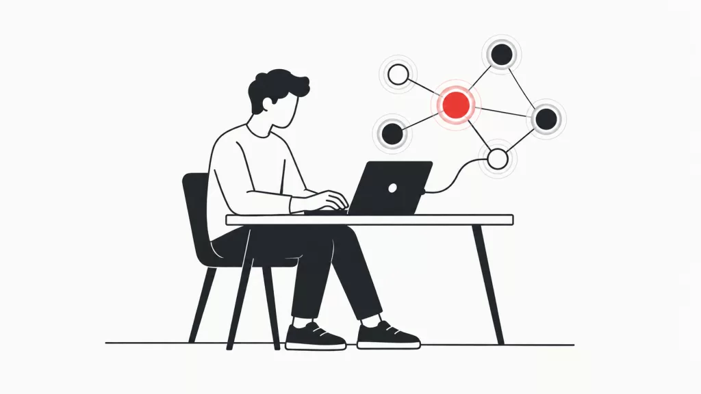абстрактная иллюстрация, показывающая разработчика за ноутбуком, рядом с которым парят светящиеся узлы нейросети, символизирующие совместную работу человека и ИИ