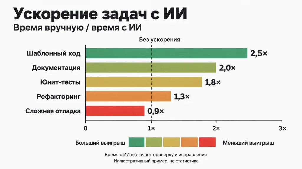 инфографика, показывающая ускорение по различным задачам разработки с помощью ИИ, с цветовой шкалой от зелёного к красному