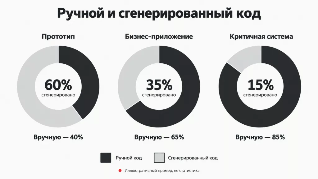 круговая диаграмма, показывающая примерное соотношение ручного и сгенерированного кода в разных типах проектов